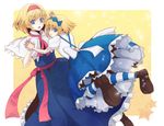  alice_margatroid alice_margatroid_(pc-98) blonde_hair blue_eyes blue_hairband cape dual_persona hair_ribbon hairband hands_together multiple_girls pantyhose ribbon semicolon striped striped_legwear touhou touhou_(pc-98) 