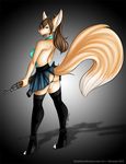  blue_eyes brown_hair butt canine clothed clothing demona69 female fluffy_tail fox gun hair high_heels long_hair looking_at_viewer looking_back mammal pink_nose ponytail ranged_weapon rifle skimpy skirt solo standing weapon 