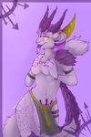  anthro armor breasts chaos chest_tuft clothed clothing daemonette female grostenmeiers hair half-dressed horn loincloth multi_breast nipples nude pink_hair plain_background presenting purple purple_background purple_body purple_theme scar spikes tuft warhammer_(franchise) yellow_eyes 