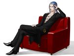  black_lipstick chair easy_chair grey_hair hat jojo_no_kimyou_na_bouken leone_abbacchio lipstick long_hair makeup male_focus miruru_souya silver_hair solo 