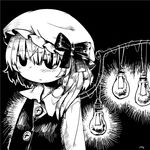  bad_id bad_pixiv_id black_background blush buttons commentary dress flandre_scarlet greyscale hat highres light_bulb monochrome short_hair signature solo touhou tsukumizu_yuu wings wire 