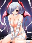  arm_support bandages between_legs blush breasts cleavage collarbone commentary_request demon_girl demon_tail demon_wings drill_hair eyepatch fang horns kenjuurou large_breasts long_hair midou_rin nipples nurse_ni_omakase purple_eyes silver_hair sitting solo tail twin_drills twintails v_arms very_long_hair wariza wings 