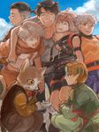  5boys :d animal_ears armband blonde_hair blue_eyes bow bowtie brown_hair capelet cat_ears catboy chiepoo closed_eyes elf facial_mark fingerless_gloves forehead_mark gensou_suikoden gensou_suikoden_iv gloves green_eyes grey_eyes headband hug jewel_(suikoden) keneth lazlo maru-pan multiple_boys multiple_girls open_mouth paula_(suikoden) pointy_ears saucer short_hair shorts silver_hair smile snowe_vingerhut tail tal vest whiskers 