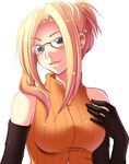  bare_shoulders blonde_hair blue_eyes elbow_gloves final_fantasy final_fantasy_viii glasses gloves hand_on_own_chest quistis_trepe rena_(ryui) simple_background smile solo white_background 