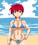  1girl beach bikini breasts cloud erect_nipples eye_shadow eyeshadow female genderswap getter kitsune-tsuki_(getter) large_breasts lips looking_at_viewer makeup micro_bikini navel nipples outdoors outside ponytail pubic_hair purple_eyes ranma-chan ranma_1/2 red_hair saotome_ranma sky solo standing swimsuit teeth water 