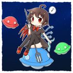  bad_id bad_pixiv_id black_legwear brown_hair eighth_note fuuen_(akagaminanoka) houjuu_nue looking_at_viewer musical_note pointy_ears polearm red_eyes short_hair sitting smile solo speech_bubble spoken_musical_note thighhighs touhou trident ufo weapon 