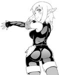  ass breasts cra elbow_gloves evangelyne fingerless_gloves freckles from_behind gloves greyscale large_breasts monochrome pointy_ears short_hair shorts sidelocks solo tsukudani_(coke-buta) wakfu 