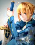  ahoge artoria_pendragon_(all) blonde_hair blue_eyes character_name dress excalibur fate/stay_night fate_(series) fley3black flower hair_ribbon lily_(flower) planted_sword planted_weapon ribbon saber solo sword weapon 