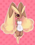  apron arms_behind_back black_sclera blush bunny_ears eyebrows gen_4_pokemon highres highvoltage lopunny naked_apron no_humans open_mouth pokemon pokemon_(creature) pokemon_(game) polka_dot polka_dot_background red_eyes solo thick_eyebrows 