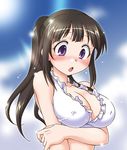  1girl black_hair blush breasts chitanda_eru erect_nipples female frills hyouka long_hair nishi_kita ponytail purple_eyes solo swimsuit 