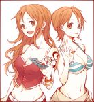  1girl bikini_top bracelet breasts cleavage coin dual_persona earrings female jewelry ludwig_mayer mayer midriff money multiple_persona nami nami_(one_piece) one_piece orange_hair solo 