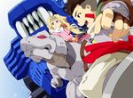  1girl black_eyes blonde_hair brown_hair dinosaur facial_mark fingerless_gloves fiona_(zoids) forehead_mark gloves kuzunoha long_hair open_mouth red_eyes riding sharp_teeth shield_liger teeth van_flyheight wind zeke_(zoids) zoids zoids_chaotic_century 