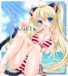  animal_ears bikini blonde_hair blue_eyes cat_ears cat_tail day food long_hair marker_(medium) mocomoco_party original popsicle sample solo striped striped_bikini swimsuit tail traditional_media twintails very_long_hair 
