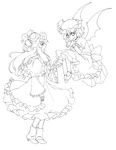  absurdres bat_wings floating frills greyscale hat highres holding_hands lineart long_hair loose_socks mary_janes matilda monochrome multiple_girls patchouli_knowledge remilia_scarlet robe shoes short_hair smile socks touhou wings 