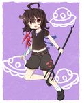  adapted_costume asymmetrical_wings bad_id bad_pixiv_id brown_hair flat_chest fuuen_(akagaminanoka) houjuu_nue open_mouth polearm purple_background purple_eyes short_hair shorts solo touhou trident ufo weapon wings 
