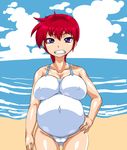  1girl angry beach breasts clenched_teeth clothed cloud erect_nipples eye_shadow eyeshadow female genderswap getter kitsune-tsuki_(getter) large_breasts looking_at_viewer makeup navel nipples open_mouth outdoors outside ponytail pregnant purple_eyes ranma-chan ranma_1/2 red_hair saotome_ranma sky solo standing swimsuit teeth water 