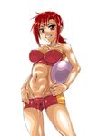  bare_shoulders blush breasts cameltoe covered_nipples grin hair_ornament hairclip highres hino_akane_(smile_precure!) impossible_clothes kitsune-tsuki_(getter) large_breasts long_hair lowleg lowleg_shorts navel ponytail precure red_eyes red_hair shorts skin_tight smile smile_precure! solo strapless sweat tubetop 
