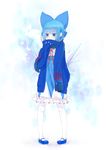  bad_id bad_pixiv_id blue_eyes blue_hair bow cirno hair_bow highres ice ice_wings kokono_(sakaebaka) mary_janes pantyhose pigeon-toed scarf shoes short_hair solo touhou white_legwear wings 