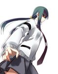  green_hair hair_ornament hair_ribbon hairclip long_hair nazo_no_murasame_chiaki necktie red_eyes ribbon saki saki_achiga-hen school_uniform shindouji_school_uniform shirouzu_mairu skirt solo 