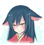  ahri animal_ears artist_name blush closed_mouth ears_down facial_mark fox_ears hair_between_eyes japanese_clothes kimono league_of_legends long_hair looking_at_viewer neko_baby solo upper_body whisker_markings yellow_eyes 