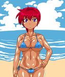  1girl beach bikini breasts cloud erect_nipples eye_shadow eyeshadow female genderswap getter kitsune-tsuki_(getter) large_breasts lips looking_at_viewer makeup micro_bikini navel nipples outdoors outside ponytail pubic_hair purple_eyes ranma-chan ranma_1/2 red_hair saotome_ranma sky solo standing swimsuit tan teeth water 