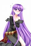  74 bare_shoulders belly_chain blush breasts cleavage covering dress elbow_gloves embarrassed fire_emblem fire_emblem:_fuuin_no_tsurugi flying_sweatdrops gloves jewelry kneeling long_hair medium_breasts purple_eyes purple_hair sash side_slit sofiya solo strapless strapless_dress sweat very_long_hair 