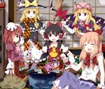  black_hair blonde_hair brown_eyes brown_hair daruma_doll gap hair_tubes hakurei_reimu hat highres horns ibaraki_kasen ibuki_suika kirisame_marisa multiple_girls ruu_(tksymkw) saigyouji_yuyuko touhou witch_hat yakumo_yukari 