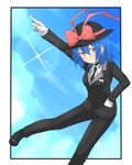  blue_hair blush contemporary dress_shirt formal hand_on_hip hat highres nagae_iku necktie nobamo_pieruda pointing pointing_up red_eyes saturday_night_fever shirt short_hair solo suit touhou 