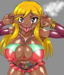  1girl a_channel armband belly_piercing blonde_hair body_writing breasts brown_eyes cigarette clothed dark_skin double_v erect_nipples eye_shadow eyeshadow female ganguro getter heart heart-shaped_pupils heart_eyes huge_breasts jewelry kitsune-tsuki_(getter) large_breasts lipstick long_hair looking_at_viewer makeup nail_polish navel navel_piercing necklace nipples nishi_yuuko open_mouth piercing purple_nails simple_background skirt smoke solo standing symbol-shaped_pupils tan teeth tongue tongue_out tongue_piercing v 