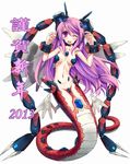  2013 :d blush breasts cleavage collarbone highres hoshi_no_gen lamia long_hair mecha_musume medium_breasts monster_girl navel new_year no_nose open_mouth original purple_eyes purple_hair revealing_clothes scales simple_background smile snake_tail solo tail translated wings 