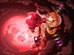  ascot blonde_hair cloud dress fang flandre_scarlet full_moon hat hatomura_(tareneko_club) highres laevatein long_hair looking_at_viewer mary_janes moon open_mouth red_dress red_eyes red_moon shoes side_ponytail sky solo touhou wings 