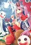  1girl boots breasts capelet crown devend female ghost grey_eyes long_hair midriff moon navel one_piece perona pink_hair pumpkin red_shoes red_skirt shoes short_cape sitting skirt solo thighhighs thorns twintails umbrella vines 