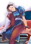  boots bracelet breasts brown_eyes brown_hair brown_legwear bun_cover car china_dress chinese_clothes chun-li double_bun dress earrings ground_vehicle hachito_hajime jewelry medium_breasts motor_vehicle on_vehicle pantyhose pelvic_curtain sash short_hair sitting solo spiked_bracelet spikes street_fighter thighs 