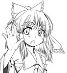  :o ahoge arm_up bow face greyscale hair_bow hair_tubes hakurei_reimu hands lineart matilda monochrome open_mouth outstretched_hand short_hair solo touhou upper_body 