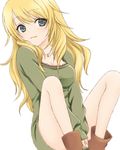  :3 bare_legs between_legs blonde_hair boots grey_eyes hand_between_legs hoshii_miki idolmaster idolmaster_(classic) jewelry long_hair pendant simple_background sitting smile solo sweater tayu_(yuntayu) v_arms white_background 