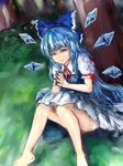  alternate_hair_length alternate_hairstyle barefoot blue_dress blue_eyes blue_hair bow cirno dress eyelashes faux_traditional_media grass hair_bow hands_together knees_up lips long_hair looking_at_viewer nail_polish own_hands_together ribbon short_sleeves sitting smile solo touhou tree txoxsxhxi 