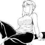  animal_ears araiguma-san barefoot breasts expressionless greyscale large_breasts monochrome original pants raccoon_ears raccoon_tail short_hair sidelocks sitting solo sweater sweatpants tail tsukudani_(coke-buta) 