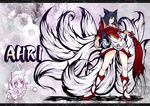  ahri animal_ears bare_shoulders bell blue_hair braid breasts character_name chibi detached_sleeves dual_persona facial_mark fox_ears fox_tail hand_on_hip koji45hiro league_of_legends long_hair medium_breasts multiple_tails orb shadow tail whisker_markings yellow_eyes 