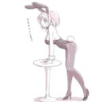  animal_ears bent_over breasts bunnysuit fake_animal_ears full_body hairband haruhisky high_heels large_breasts monochrome pantyhose pedestal profile shoes short_hair simple_background smile solo suzumiya_haruhi suzumiya_haruhi_no_yuuutsu tail white_background wrist_cuffs 