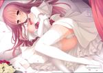  absurdres bed breast_slip breasts brown_eyes cleavage covering covering_crotch dress elbow_gloves gloves highres huge_filesize imouto_no_katachi lace lace-trimmed_thighhighs long_hair lying medium_breasts mutou_kurihito nipples one_breast_out panties pink_hair sena_miyuki shoes solo thighhighs underwear wedding_dress white_legwear white_panties 