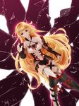  arm_warmers bad_id bad_pixiv_id bare_shoulders blonde_hair boots broken highres kururi_(oekaki_nikki) long_hair milla_maxwell miniskirt outstretched_hand purple_background red_eyes sad single_thighhigh skirt solo tales_of_(series) tales_of_xillia tales_of_xillia_2 thighhighs 