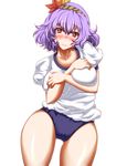  alternate_costume buruma embarrassed gym_uniform hairband highres purple_hair red_eyes short_hair solo touhou yasaka_kanako zan_(harukahime) 