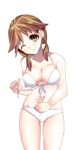  bikini blush breasts brown_eyes brown_hair front-tie_top highres idolmaster idolmaster_cinderella_girls katagiri_sanae large_breasts looking_at_viewer low_twintails one_eye_closed short_twintails smile solo swimsuit twintails untying yakou_(innocent_chapel) 