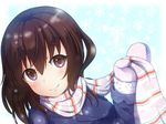  blush brown_eyes brown_hair coat lens_flare looking_at_viewer mittens mount_whip original scarf short_hair smile snowflakes solo 