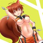  animal_ears antenna_hair armpits belt blazblue breasts brown_hair fingerless_gloves gloves hand_on_hip large_breasts lowleg_skirt makoto_nanaya midriff miniskirt navel orange_skirt red_eyes revealing_clothes short_hair shown skirt solo squirrel_ears squirrel_tail tail tonfa underboob weapon 