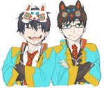  ao_no_exorcist black_hair brothers glasses japanese_clothes kazue_kato multiple_boys official_art okumura_rin okumura_yukio pointy_ears school_uniform siblings sketch smile 