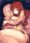  blush breasts cleavage dakimakura_(object) large_breasts legs long_hair looking_at_viewer maou_(maoyuu) maoyuu_maou_yuusha pillow red_eyes red_hair solo super_zombie tears yuusha_(maoyuu) 