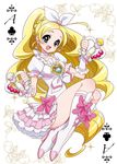  ace_of_clubs blonde_hair boots bow braid brooch choker club_(shape) cure_rhythm fantastic_belltier frills full_body green_eyes hair_bow hairband highres jewelry knee_boots long_hair magical_girl minamino_kanade precure puffy_sleeves skirt smile solo suite_precure white_background white_choker wrist_cuffs zooya 