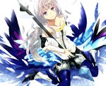  dress feathers fukuda935 gwendolyn odin_sphere polearm silver_hair solo spear strapless strapless_dress valkyrie weapon 