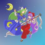  bad_id bad_pixiv_id bow capelet crescent day_and_night flying geta ghost_tail gohei green_eyes green_hair hair_bow hair_tubes hakurei_reimu hakurei_reimu_(pc-98) hat highres japanese_clothes leg_up long_hair long_sleeves looking_at_viewer miko mima multiple_girls night onaga open_mouth purple_eyes purple_hair sidelocks skirt sky staff star star_(sky) starry_sky sun tabi tied_hair touhou touhou_(pc-98) very_long_hair vest 